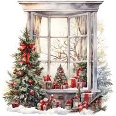 watercolor winter window, christmas illustration. generative ai