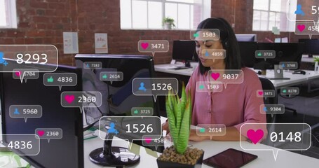 Poster - Animation of social media data processing over biracial businesswoman using computer