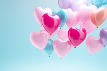 Wall Mural - close up of heart sharp balloons flying in the air, levitation,rainbow palete,white lighting pastel background