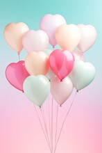 Close Up Of Heart Sharp Balloons Flying In The Air, Levitation,rainbow Palete,white Lighting Pastel Background