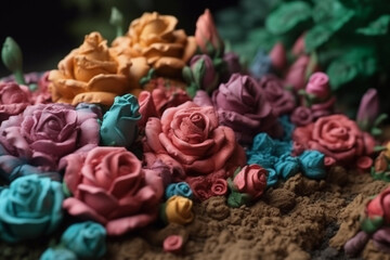 Plasticine rose garden, macro, close up, Generative AI