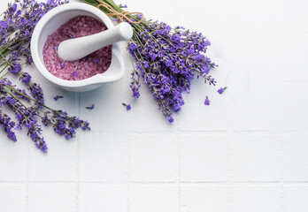 Wall Mural - Lavender spa. Lavender salt and fresh lavender