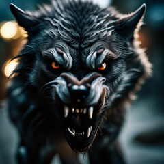 Portrait of a very angry black wolf. Stock image.
