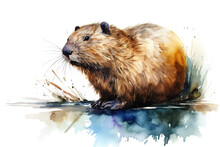 Watercolor Painting Of A Beaver On A White Background. Wildlife Animals. Illustration, Generative AI.