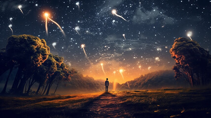 landscape stargazing in the summer meteor shower night. Generative AI
