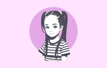 Vector Portrait Of A Cute Beautiful Kawaii Anime Young Girl In A Striped T-shirt And Long Pigtails. Little Lady. Pink Background.