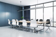 © Who is Danny - Perspective view of light modern meeting room with panoramic city view window on background, wooden office desk, concrete floor and blue wall. 3D Rendering