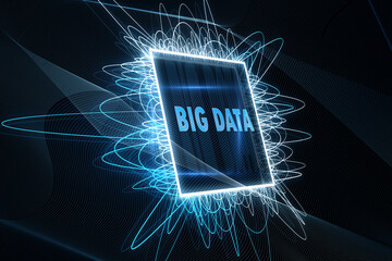 Wall Mural - Creative big data chip on blurry blue waves background. Machine learning and information mining concept. 3D Rendering.