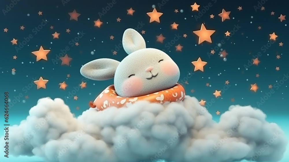 cute little bunny rabbit sleeping on a cloud watercolor drawing ...