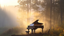 Piano In Autumn Park Morning Landscape Sound Concert. Generative AI