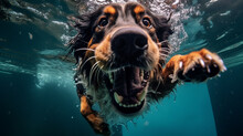 A Freediver Dog Dives In Clear Water In Summer. Generative AI