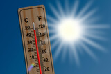 Fototapeta Natura - Ilustração com um termometro de madeira a assinalar 48 graus celcius de temperatura, muito calor