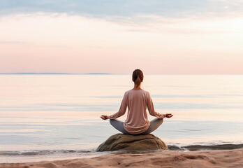 Young woman practicing yoga at seashore back view