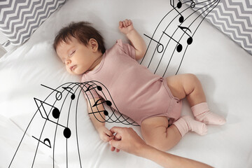 Poster - Lullaby songs. Mother holding her sleeping baby's hand on bed, top view. Illustration of flying music notes around child