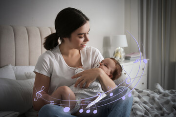 Sticker - Mother singing lullaby to her sleepy baby at home. Illustration of flying music notes around child and woman