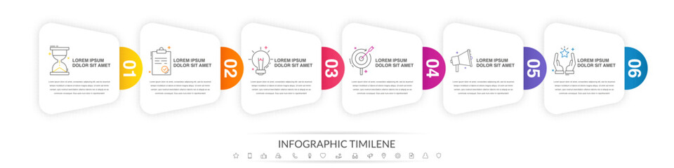 Infographics labels vector options template with 6 steps and icons. The modern template can be used for workflow layout, banners, diagrams, business options, projects, web design, marketing