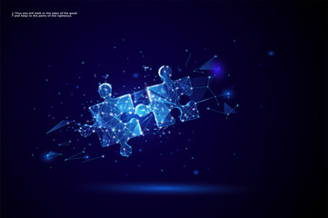 Teamwork concept with Two glowing low poly jigsaw puzzle pieces on dark blue background. Business solutions, success and strategy concept.