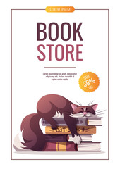 Canvas Print - Flyer design with cute cat lying in the books. Pet, kitty, domestic life, animal concept. A4 Vector illustration for poster, banner, advertising, sale.