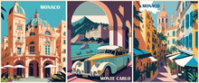 Set Of Travel Destination Posters In Retro Style. Monte Carlo, Monaco Prints With Historical Buildings, Vintage Car, Sea Beach. European Summer Vacation, Holiday Concept. Vector Colorful Illustration.