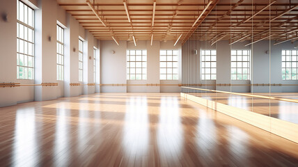 panoramic empty gym with windows for ballet classes. Generative AI