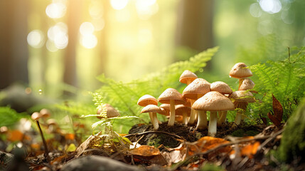 Bright forest clearing,beautiful sunlight and seasonal nature background with bokeh and short depth of field. Close-up with space for text, close-up on wildlife nature mushrooms and green fresh leaves