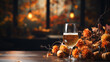 canvas print picture - Glass of beer on an Octoberfest inspired background, orange and golden colours, copy space. Created with Generative AI.