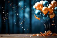 Octoberfest Backdrop With Colourful Blue, White And Golden Balloons. Inspiration For Autumn Activities. Created With Generative AI.