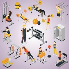 Wall Mural - fitness isometric icons set with people training gym using sport equipment