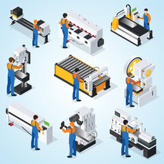 metalworker isometric icon set vector metalworking manufacturing facility workers isometric composition with pouring molten iron casting forging rolling mill process illustration