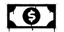 Spray Painted Graffiti Dollar Dollar Paper Money Sprayed Isolated With A White Background. Graffiti Cash Icon With Over Spray In Black Over White.
