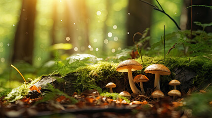 Bright forest clearing,beautiful sunlight and seasonal nature background with bokeh and short depth of field. Close-up with space for text, close-up on wildlife nature mushrooms and green fresh leaves