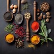 © Samira - Spices and herbs on wooden table. Food and cuisine ingredients