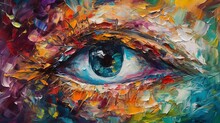 Conceptual Abstract Picture Of The Eye. Fluorite Oil Painting In Colorful Colors. Conceptual Abstract Closeup Of An Oil Painting And Palette Knife On Canvas.AI Generative