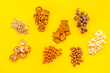 Mix of snacks - pretzels nuts chips top view. Fast food background