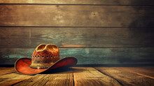 Vintage Cowboy Hat On Wooden Textured Boards With Copy Space