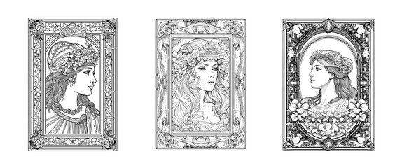 Wall Mural - Portrait of a beautiful woman for coloring. Awesome women drawings created with generative AI.


