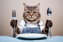 A Hungry Cat Holds Cutlery, A Fork And A Knife In Its Paws, Preparing Delicious Food.
