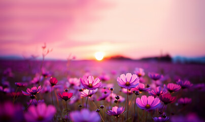 beautiful colorful meadow of wild flowers floral background, landscape with purple pink flowers with sunset and blurred background. Soft pastel Magical nature copy space
