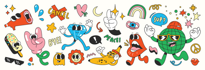 set of 70s groovy element vector. collection of cartoon characters, doodle smile face, heart, diamon
