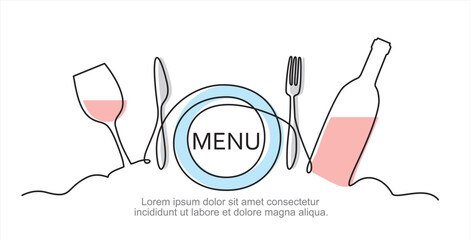 Continuous one single line drawing of plate, fork, knife, bottle of wine and glass. Menu food design. Vector illustration.
