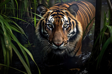 portrait of a bengal tiger walking across the river. amazing wildlife. generative ai