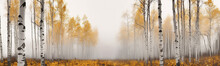 Autumn Birch Forest Fog Landscape Panorama October. Generative  Ai
