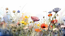 Multicolored Wildflowers Watercolor Field Drawing Summer. Generative Ai