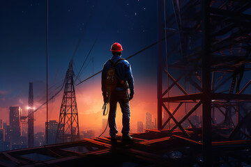 Wall Mural - construction engineer worker at heights,architecture sci-fi construction working platform on top of building, suspended cables, fall protection and scaffolding installation.