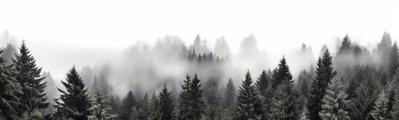 Wall Mural - coniferous forest isolated on a white background panorama, tops of fir trees. Generative AI