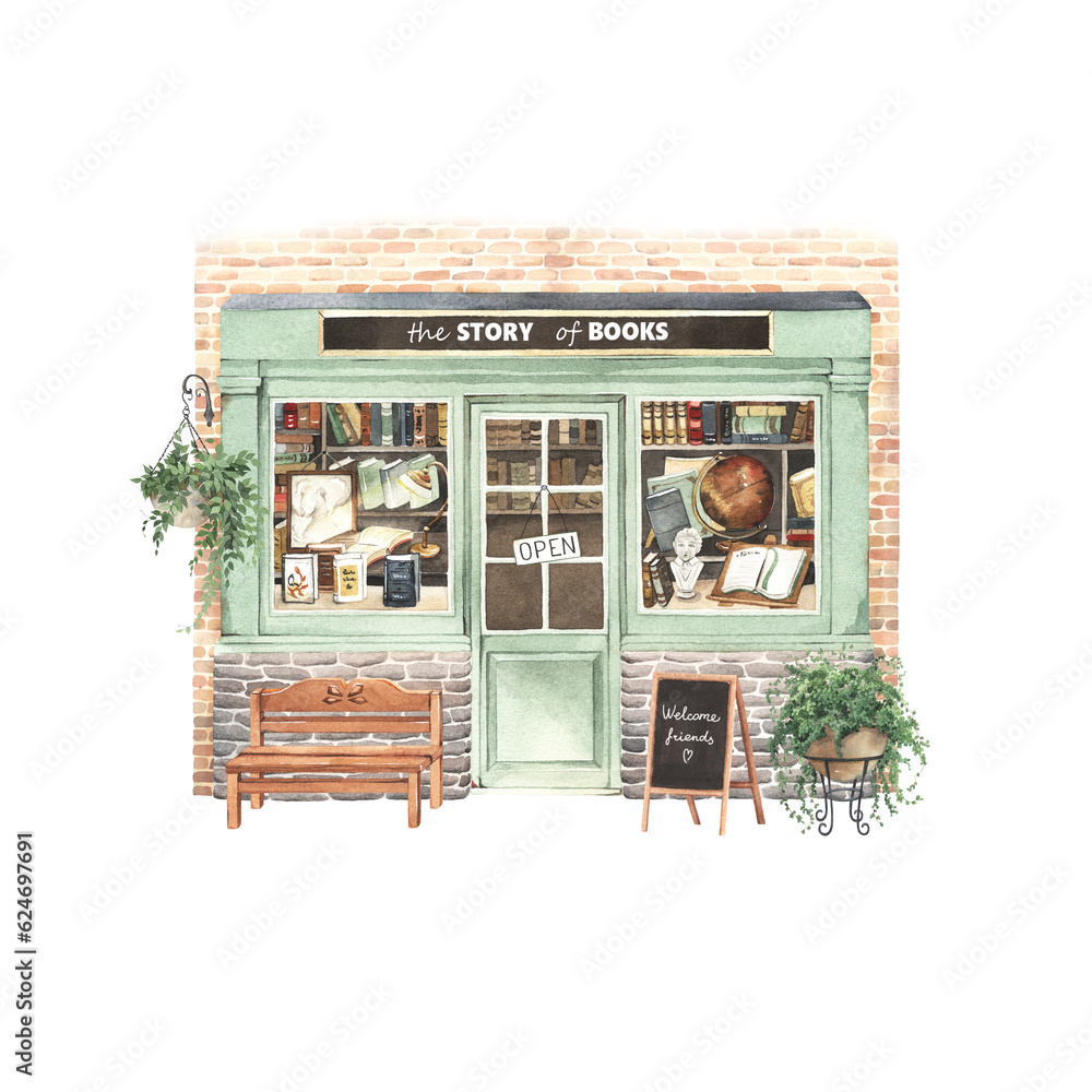 Bookstore showcase in vintage style decorated with outdoor plants ...