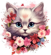 Cute Kitten Head With Fantasy Flowers Around Suitable For Sticker, Clip Art, Vintage T-shirt Design. 