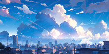 City Skyline Background Anime Style City Sky Scrapers Blue Clouds, Generated Ai