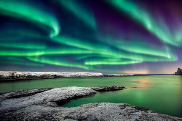 Wall Mural - Northern Lights Aurora on the beach with lake, Generative AI Art Illustration 