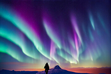 Wall Mural - Northern Lights Aurora on the beach with lake and woman, generative ai illustration